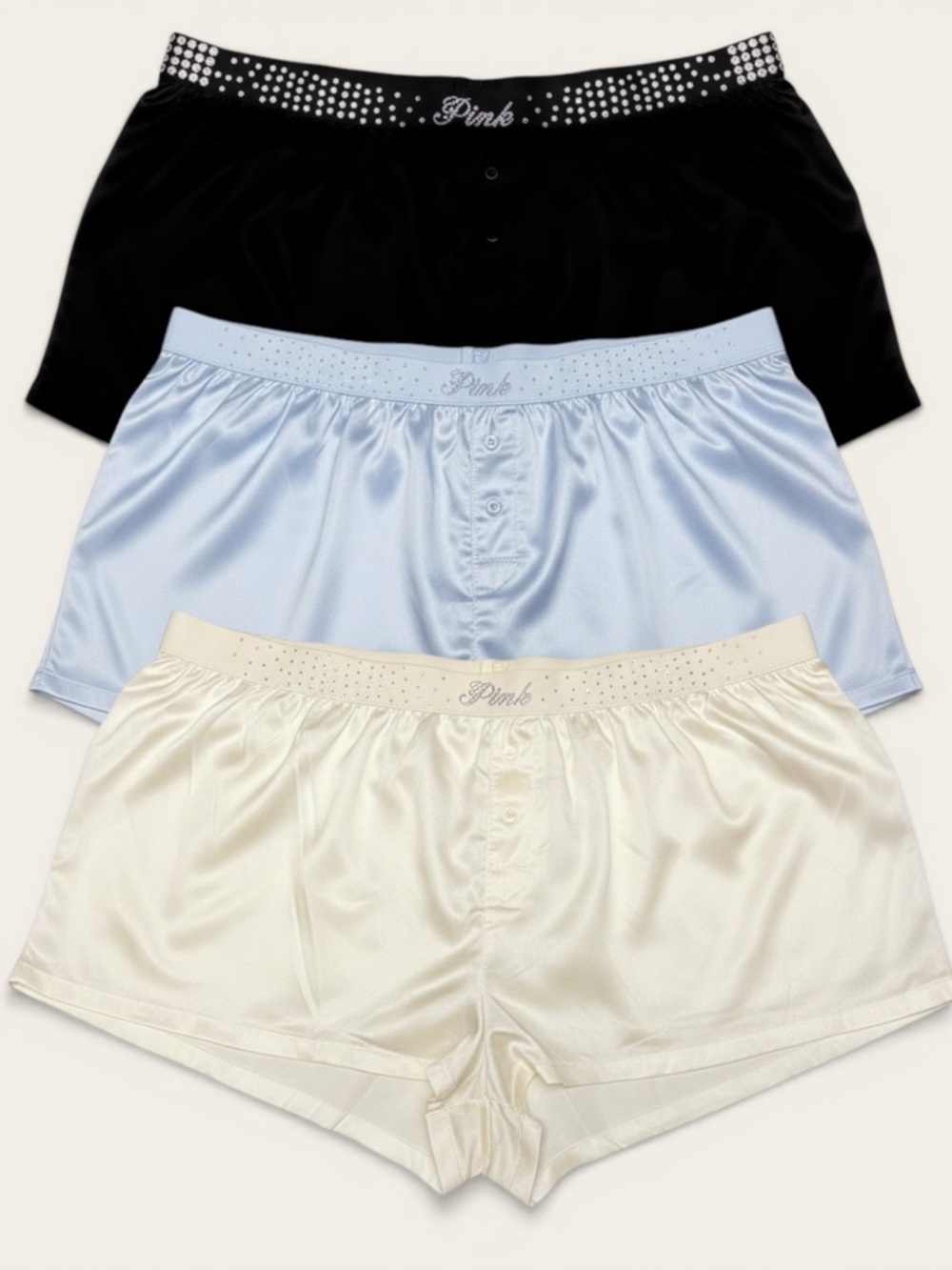 PINK Victoria's Secret Satin Boxer Shorts in Black, Light Blue & Cream